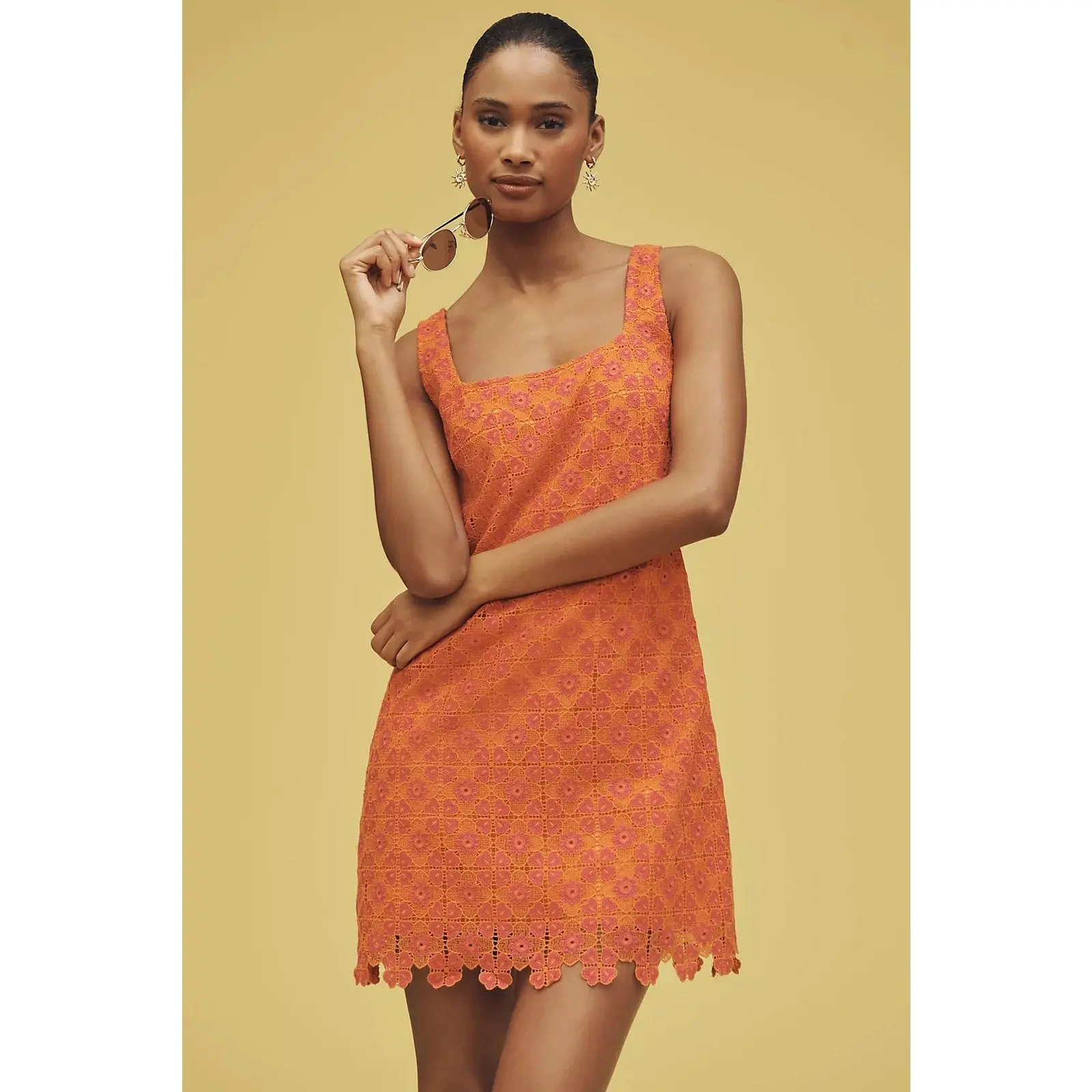 Anthropologie Maeve Square-Neck Mini Shift Dress LARGE Pink & Orange