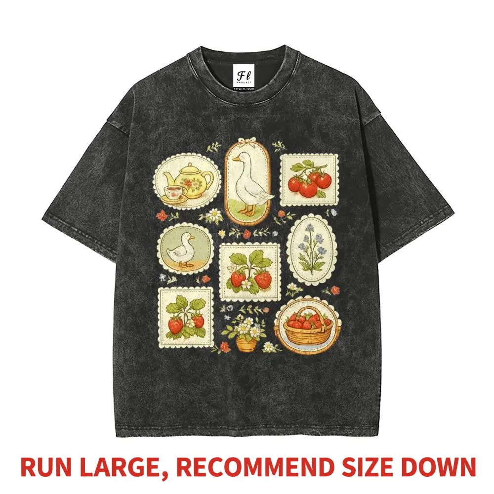 Men's Cottagecore Graphic T-Shirt - Goose & Strawberry Print, Heavyweight Soft Cotton, Breathable, Round Neck Short Sleeve, Slim Fit, All Seasons Athletic Menswear for Shopping & DIY Projects, Tops, Tshirt