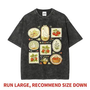 Cute Cottagecore Goose Strawberry Patchwork Aesthetic Grandmacore Heavyweight Boxy Fit T-Shirt Vintage Washed Oversized Pure Cotton Graphic Tee Pastoral Farm Life