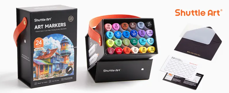 Shuttle Art 24/89/121 Colors Dual Tip Alcohol Based Art Markers, 88/120 Colors plus 1 Blender Permanent Marker with Case Perfect for Coloring Books Sketching Card Making