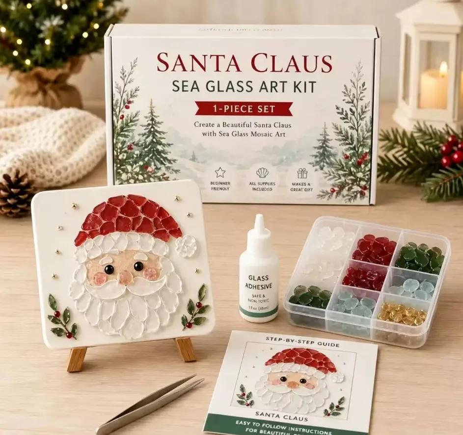 Christmas Sea Glass Art Kit, DIY Sea Glass Mosaic Art Kit for Beginner & Adults, Mosaic Craft Kit with Santa, Christmas Theme Artwork, DIY Home Decor, Craft Lovers Gift, DIY Craft Supplies