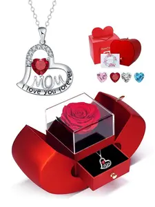 Eternal Mom Heart Necklace High-end MOM heart necklace engraved with "I Love You", inlaid with sparkling gems. Paired with an apple-style preserved rose jewelry box, ideal for birthdays, Mother’s Day and Valentine’s Day gifts.