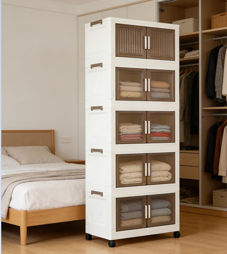 1/5-tier large-capacity foldable, stackable storage cabinet with wheels; collapsible multifunctional storage bins; suitable for any space—bedroom, living room, kitchen, bathroom, garage, wardrobe, warehouse;  shoe rack; room decor. organization organizer