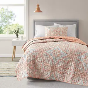 Reversible Set-Vermicelli Stitching All Season, Lightweight, Coverlet Bedspread Bedding, Matching Shams, Twin/Twin XL (66 in x 90 in, Damask Coral 2 Piece