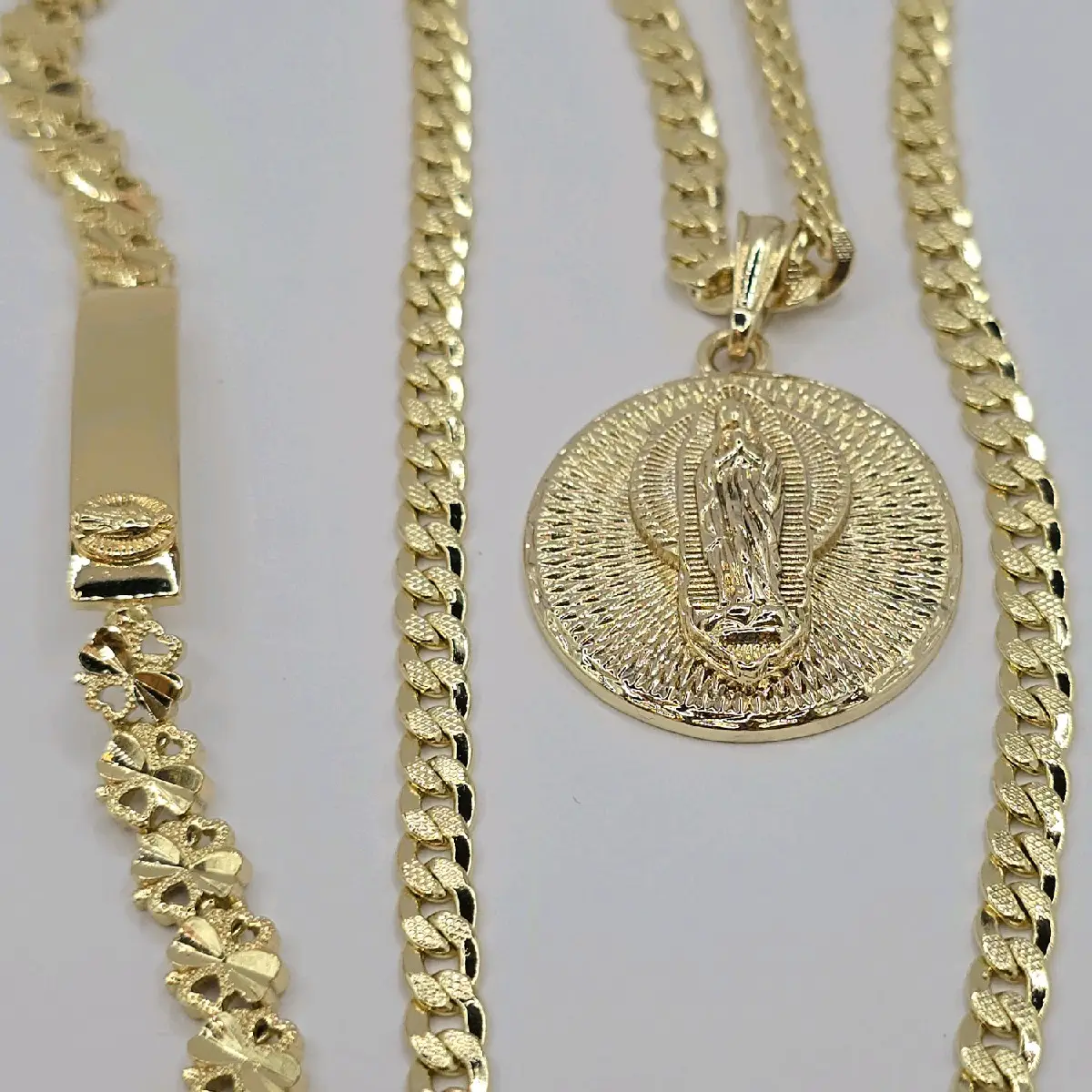 VIRGIN MARY Cuban link necklace beautiful style GOLD-PLATED with ID BRACELET Cuban style