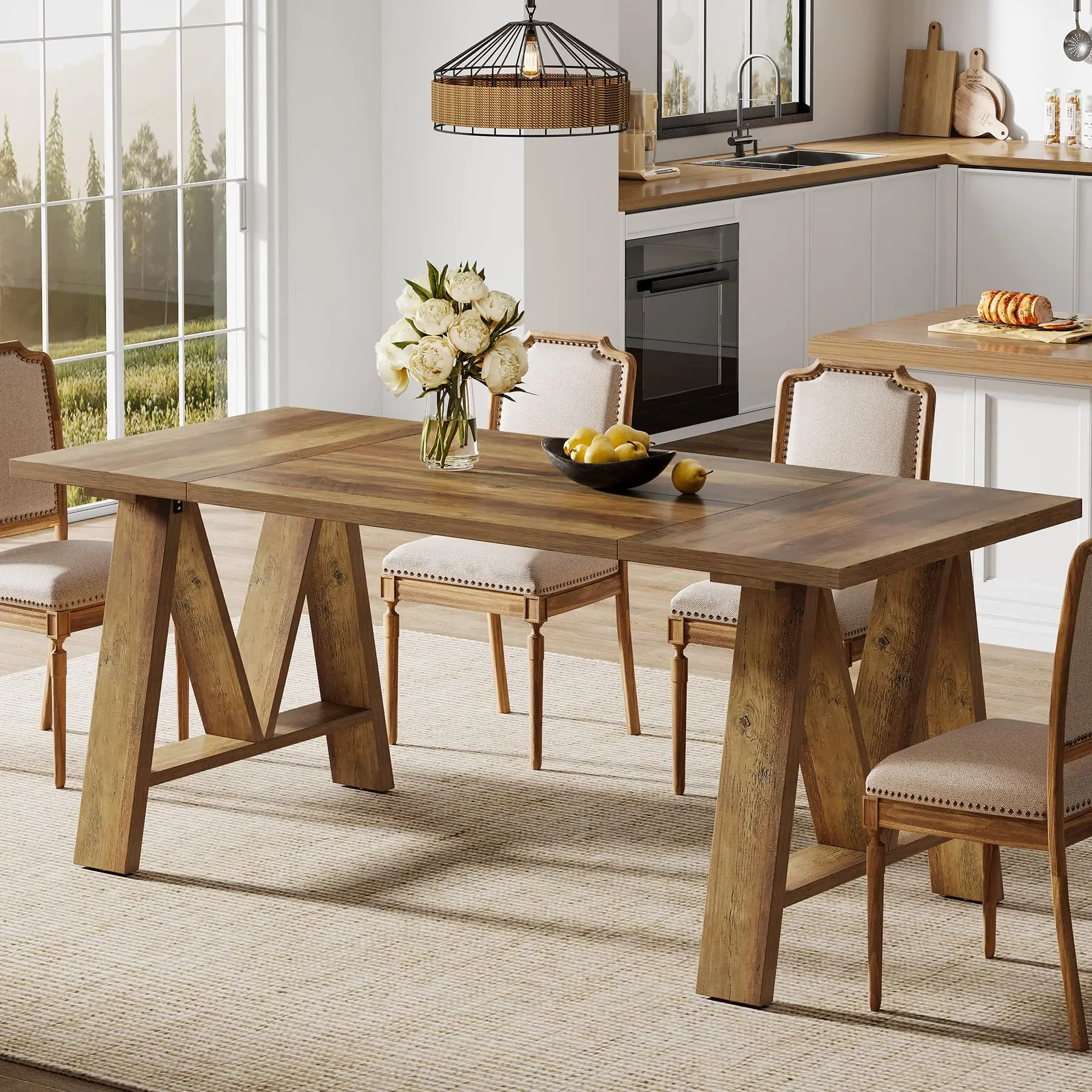 Tribesigns Rectangular Wooden Dining Table for 4-6, Farmhouse Kitchen Table with Sturdy Legs, Large Rustic Brown Table for Home