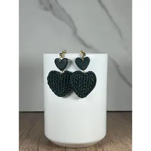 Navy Woven Heart Earrings with Metallic Buckle, Featuring Heart-Shaped Design in Navy Color