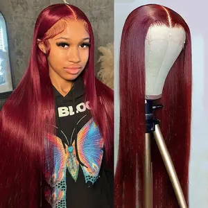 99J Burgundy 13x6 Colored HD Lace Front Wig Human Hair Wigs PrePlucked Premium Red Peruvian Straight Lace Frontal Human Hair Wig 13x4 HD Lace Frontal 99J Colored 180% Human Hair Wig For Women