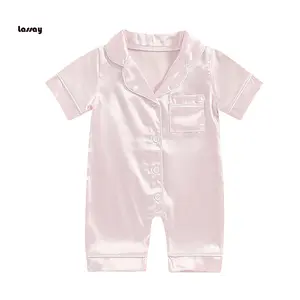 Baby Girls Summer Jumpsuit Pajama Short Sleeve Lapel Solid Color Button Up Sleepwear
