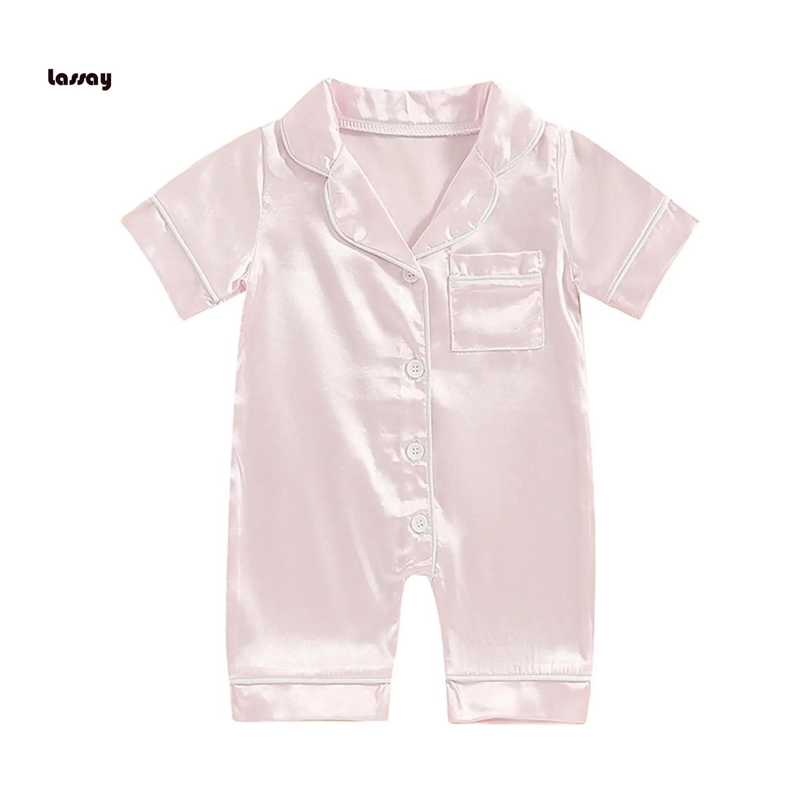 Baby Girls Summer Jumpsuit Pajama Short Sleeve Lapel Solid Color Button Up Sleepwear