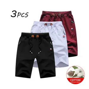 3/5 pcs high-quality men’s summer 100%cotton casual Bermuda shorts, elastic waistband with drawstring; striped pockets; leather patch decoration; breathable and comfortable; suitable for everyday outdoor wear; versatile plain menswear. Trouser Pants Beige