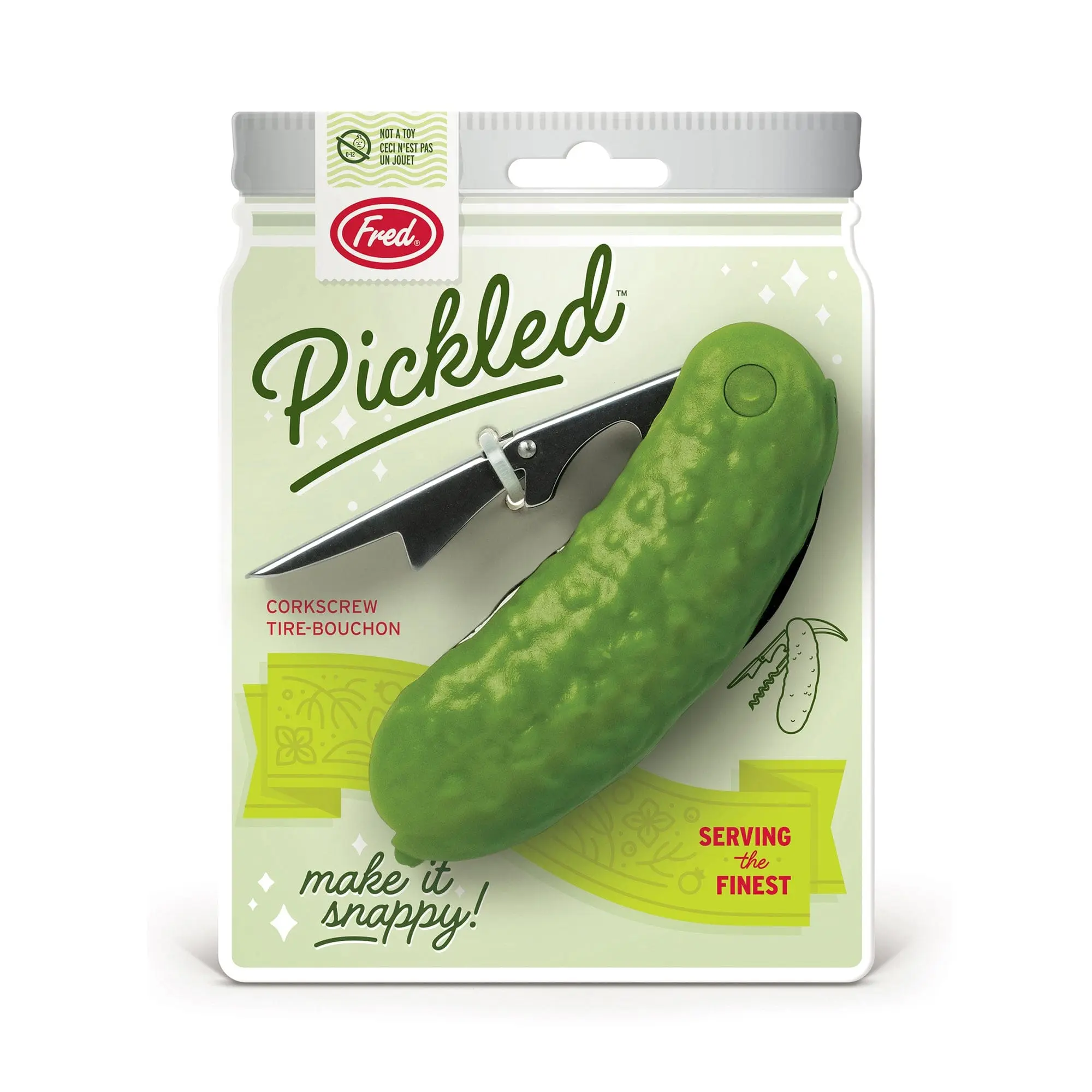 PICKLED Corkscrew, Multi-Functional Pickle Shaped Bar Tool, Foil Cutter, Bottle Opener, and Lever Corkscrew, Fun Gift for Pickle Lovers