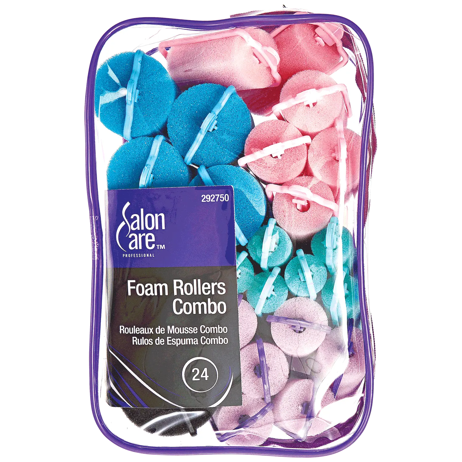 Salon Care Soft Foam Rollers for Heatless Hair Styling, Overnight Haircare Tool with Hinge Clips, Assorted Sizes, 24 Count