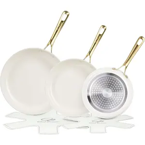 Ceramic Frying Pan with Stainless Steel handle 5 count Set, Non Stick Grill Pan Set, Dishwasher and Oven Safe, Cream White and Light  Handle