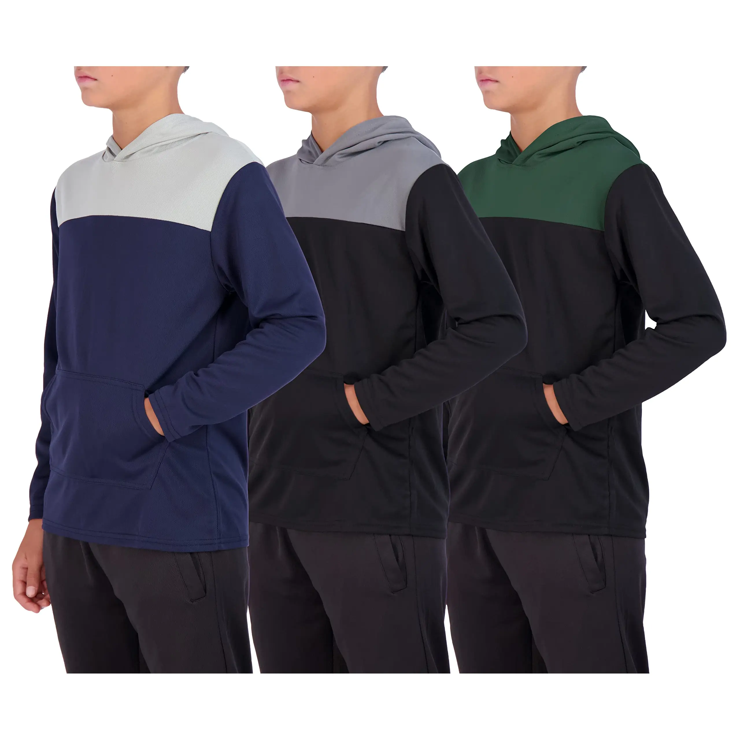 Real Essentials 3 Pack: Youth Mesh Long Sleeve Pullover Hoodie Active Sweatshirt - Kangaroo Pocket - Boys & Girls