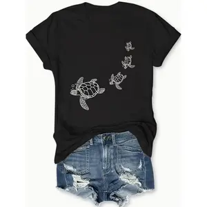 Women'S Chic Turtle Print T-Shirt Comfortable Fashion Casual Short Sleeve Round Neck Daily Wear Top