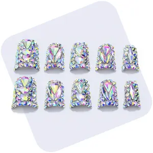 Full AB Crystal Heart Bling Fake Nails Luxury Y2K Diva Nails Short Duck Press On Nails 10PCS