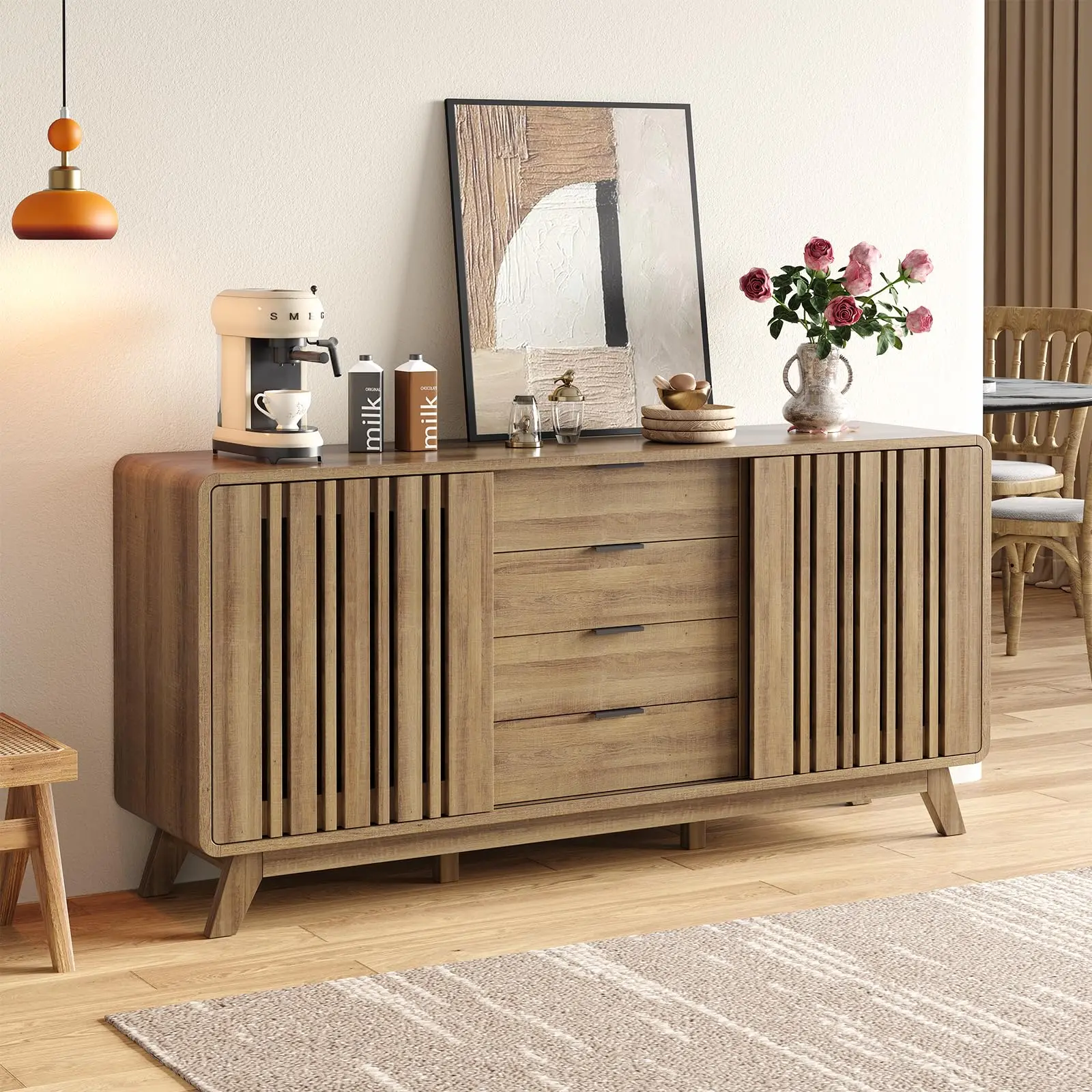 【SummerFinds】ONBRILL 1960s Mid-Century Modern Fluted Wood Adjustable Side Cabinet - Furniture Storage Home Storage Cabinet with 4 Drawers, Hidden Dual Sliding Doors, Easy Access Buffet Credenza for Living Room, Kitchen