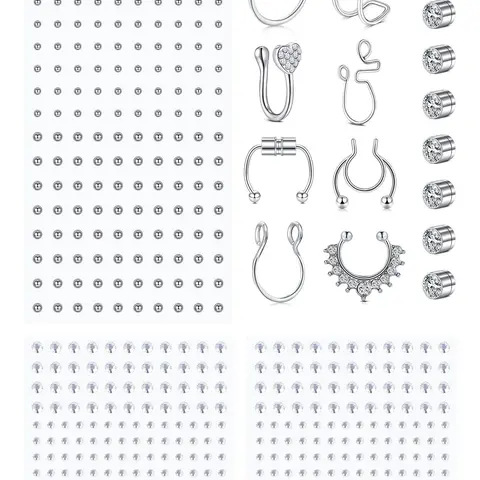 Face Gems and Non-Piercing Fake Jewelry Set, Fake Piercings, Silver Fake Nose Rings, Lip Rings, Magnetic Nose Studs and Self-Adhesive Face Stickers for Y2K Punk Halloween Makeup