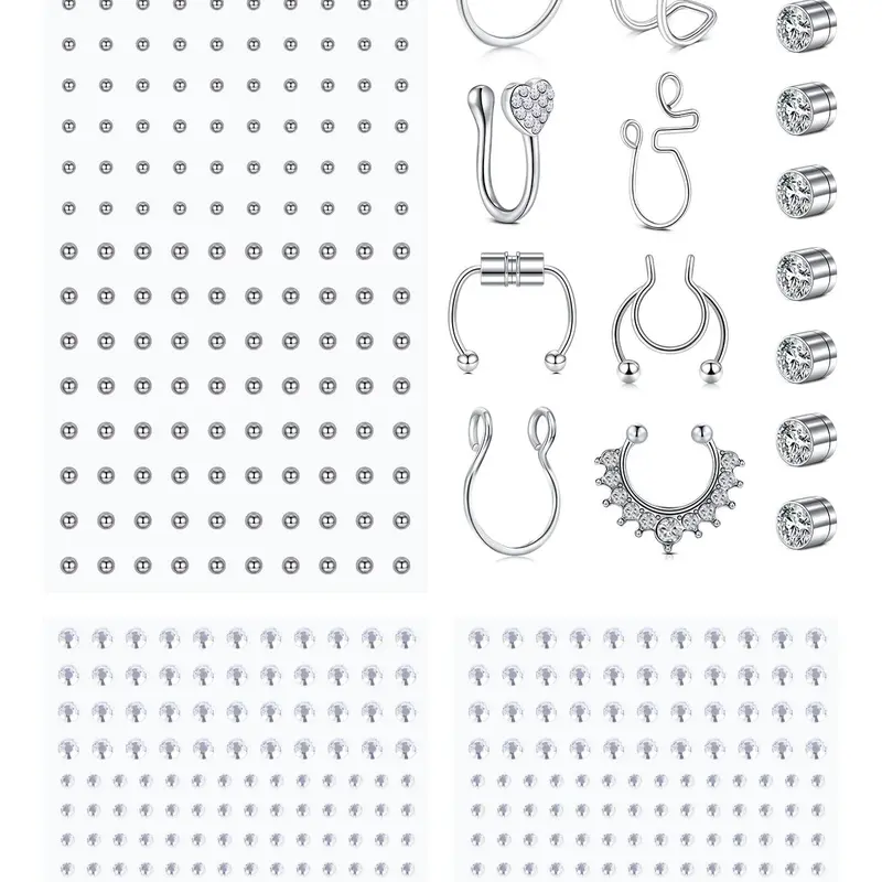 Face Gems and Non-Piercing Fake Jewelry Set, Fake Piercings, Silver Fake Nose Rings, Lip Rings, Magnetic Nose Studs and Self-Adhesive Face Stickers for Y2K Punk Halloween Makeup