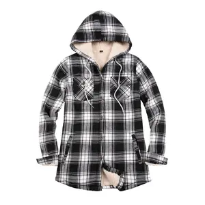 Women's 6.5oz Brushed Sherpa-Lined Flannel Shacket with Hood Long Sleeves Buttoned Cuffs Two Hand Pockets Shirttail Hemline Machine Washable - Cotton, Hoodie, Fabric leather jacket women