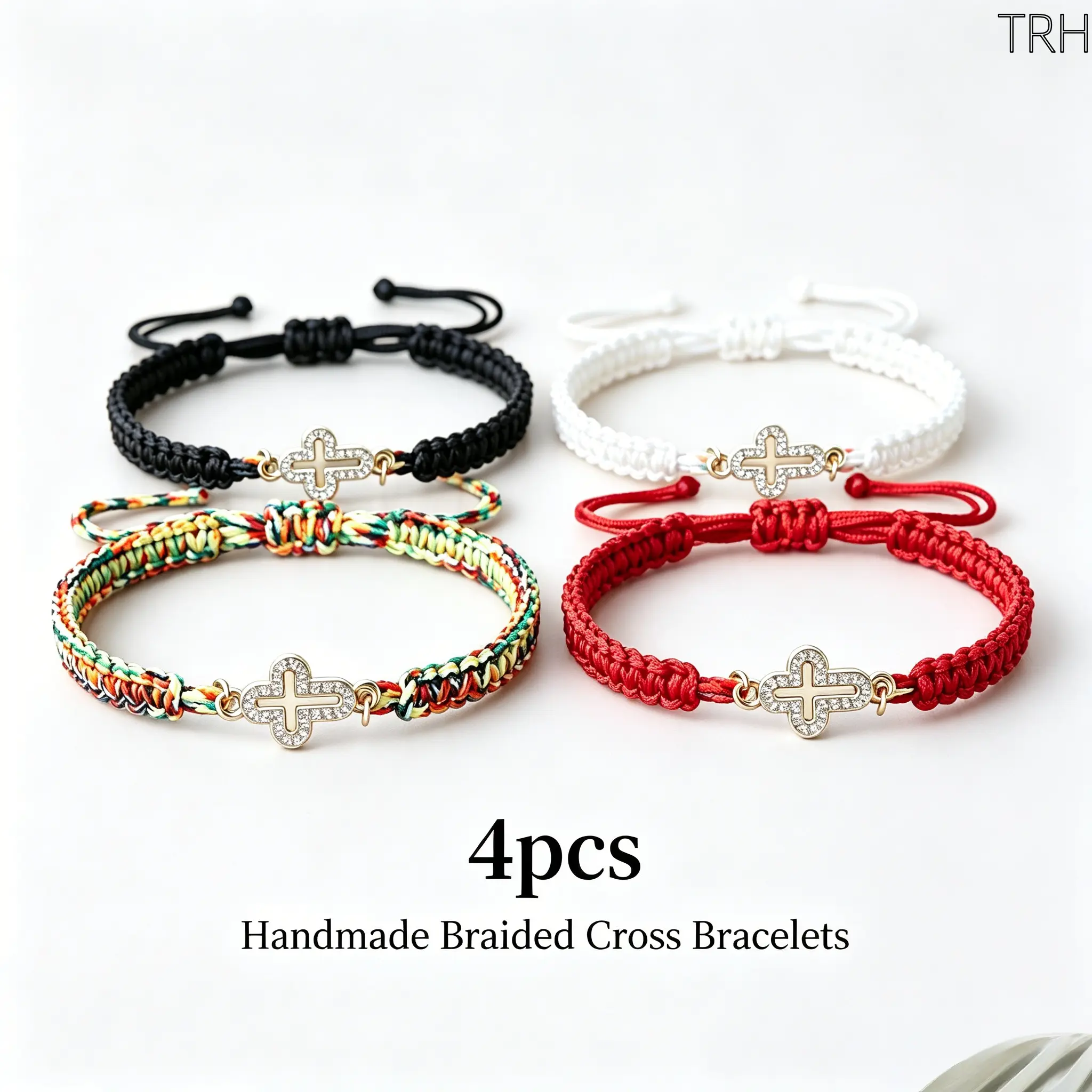 4pcs Cross Charm Bracelet Set, Boho Braided Woven Cord Wristbands, Unisex Religious Friendship Jewelry for Daily Wear, Braid-Wrapped Bracelets & Bangles, Christian Cross Print Bracelets & Bangles