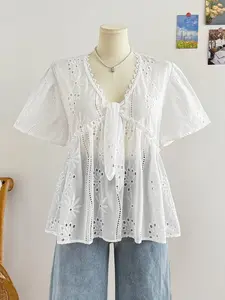 Fashion Jacquard Fabric Embroidered Plus Size Blouse, Stylish Elegant Women's Casual Wear, Comfortable and Trendy Design