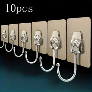 10 Strong Waterproof Hanging Sticky Mount-On Wall Hooks - No Drill Reusable Adhesive Hooks for Bathroom & Kitchen Storage of Towels, Utensils, Tools, Room Accessories, Hanging Hooks