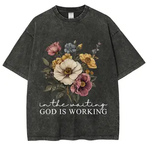 In the Waiting God is Working Washed T-Shirt Women's Vintage Floral Christian Tee Soft Breathable Unisex Loose Fit Casual Everyday Wear Print Tops Womenswear