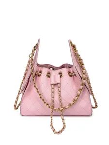 Trending Quilted Bucket Bag, Metal Chain Drawstring Design, Luxury Texture Women's Shoulder Bag for Multi-Occasion