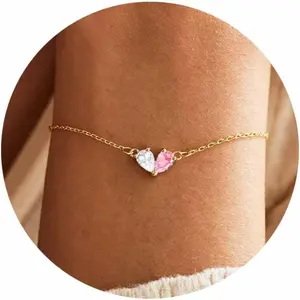 Gold Bracelets for Women Dainty 2 Birthstones Bracelet Non tarnish 14K Gold Plated Heart CZ Bracelet for Mother and Daughter Anniversary Birthday Jewelry Gift