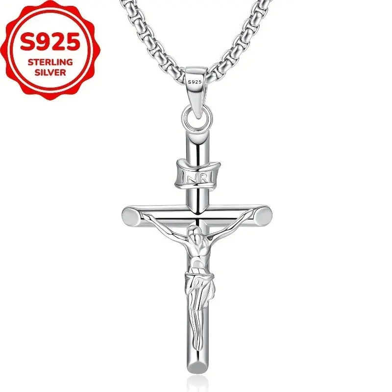 925 Sterling Silvery Cross Necklace 925 Sterling Silvery Rolling Chain Cross Pendant Necklace Christian Religious Decoration Gift, Faith Jewelry, Dedication Gift