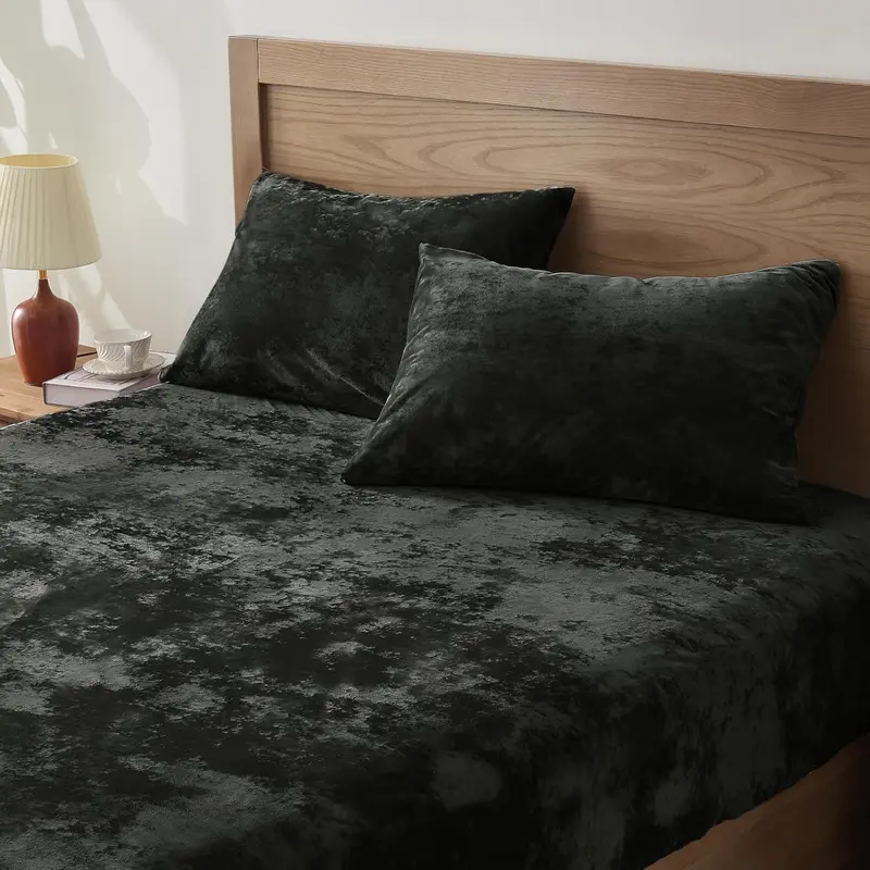 Velvet Fitted Sheet and Pillowcases Set, Luxury Soft Fuzzy Bottom Sheet with Reinforced Elastic Corner Straps, Deep Pocket to 15 Inch, 1 Fitted Sheet and 2 Pillowcases (Full, Black)