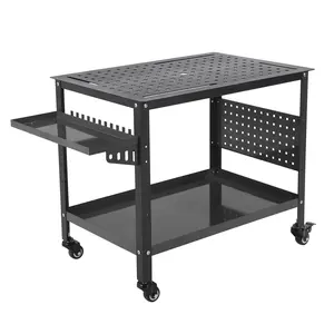Garvee Mobile Welding Workbench with Tool Tray, 36" x 24" Welding Table Top, Double-Layer Storage Board, 11 Hooks, 600 Lb, Black