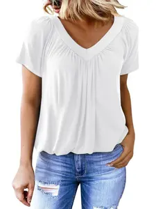 Women's Summer Top V-Neck Short-Sleeve Casual Ruched Design, Trendy Fashionable Clothing for Everyday Wear & Stylish