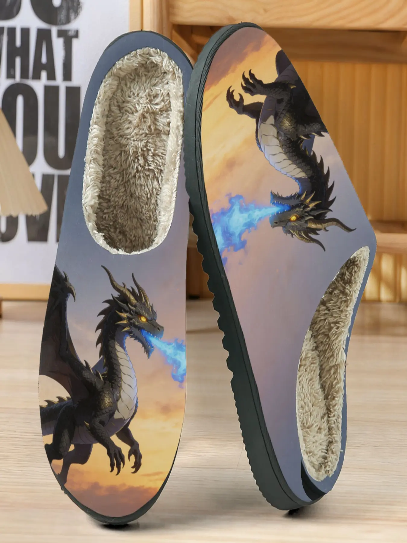 Mysterious Dragon Cotton Slippers, Textile Material, Eva Sole, Casual Style, Random Print Design, Soft Plush Lining