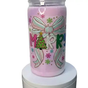 Christmas Snow Globe Tumblers 16oz Acrylic Cup with Embroidered Design Colorful Snowflakes & Merry Letters Perfect for Cold Drinks Clear Lid & Matching Straw Ideal for Aesthetic Photos