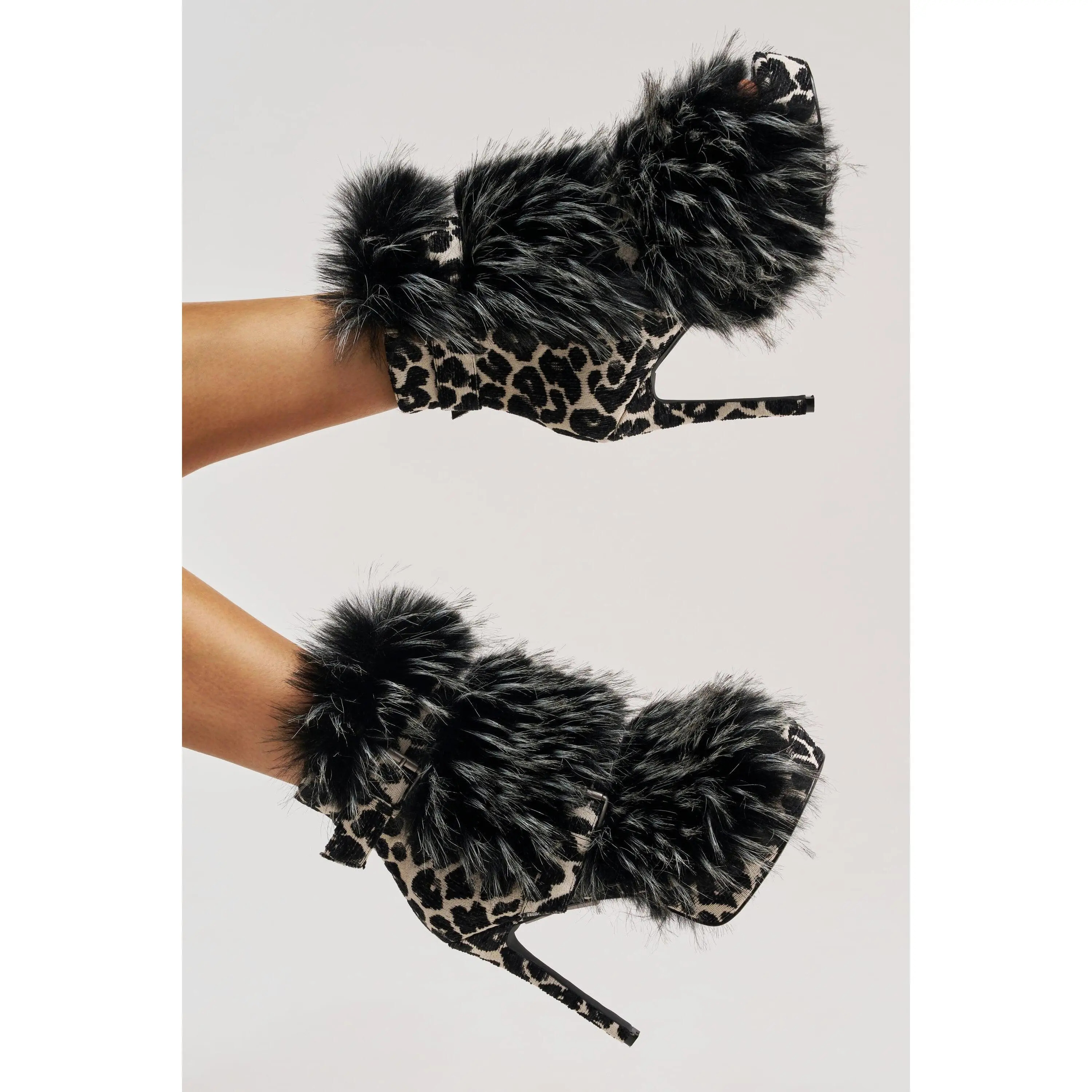 AZALEA WANG SERIOUS BLACK AND WHITE LEOPARD WITH FUR OPEN TOE STILETTO BOOTIE