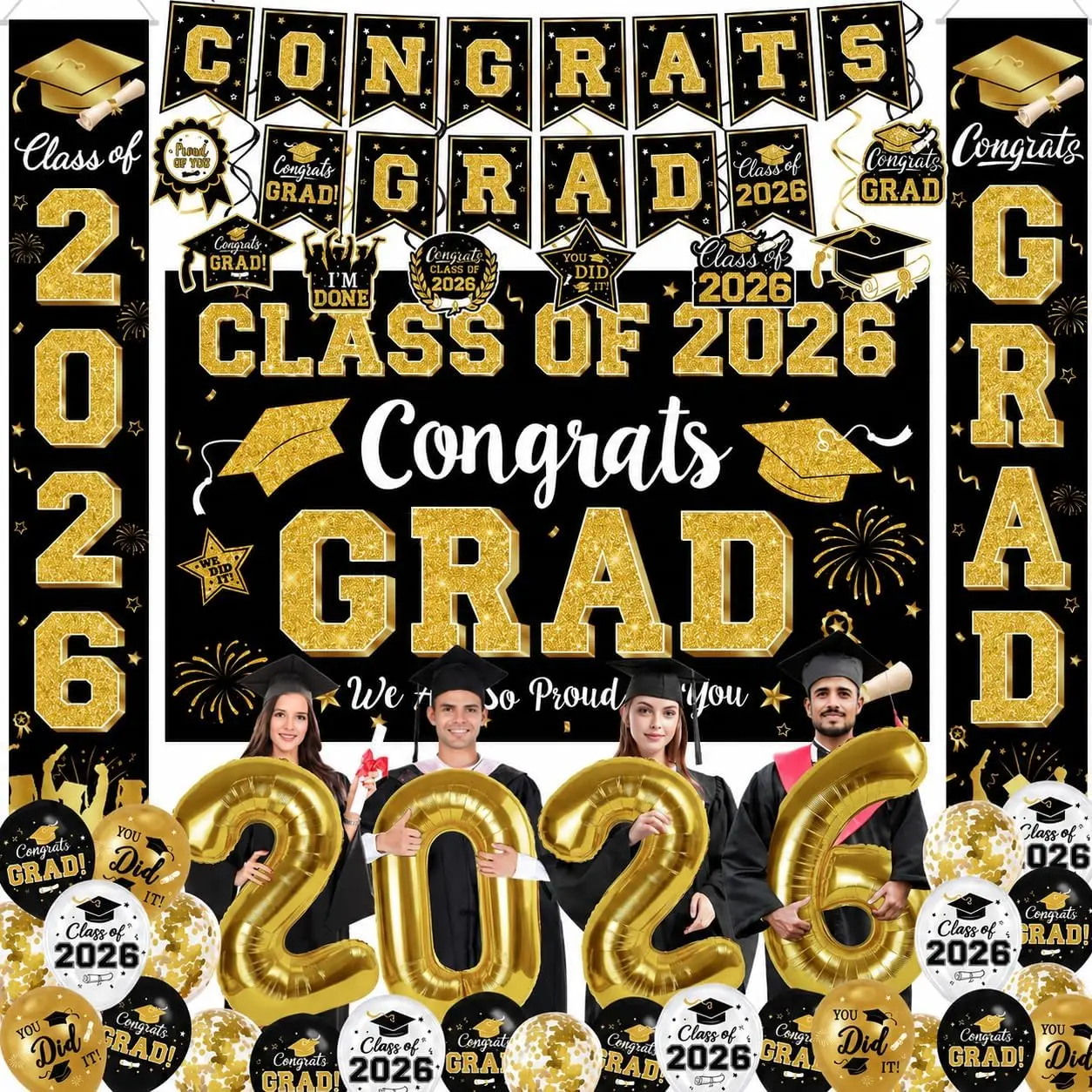 Graduation Decorations Class of 2026 - Black and  Graduation Party Supplies Include Backdrop, Banner,  Swirls, Porch Sign, Balloons for Congrats Grad Decorations