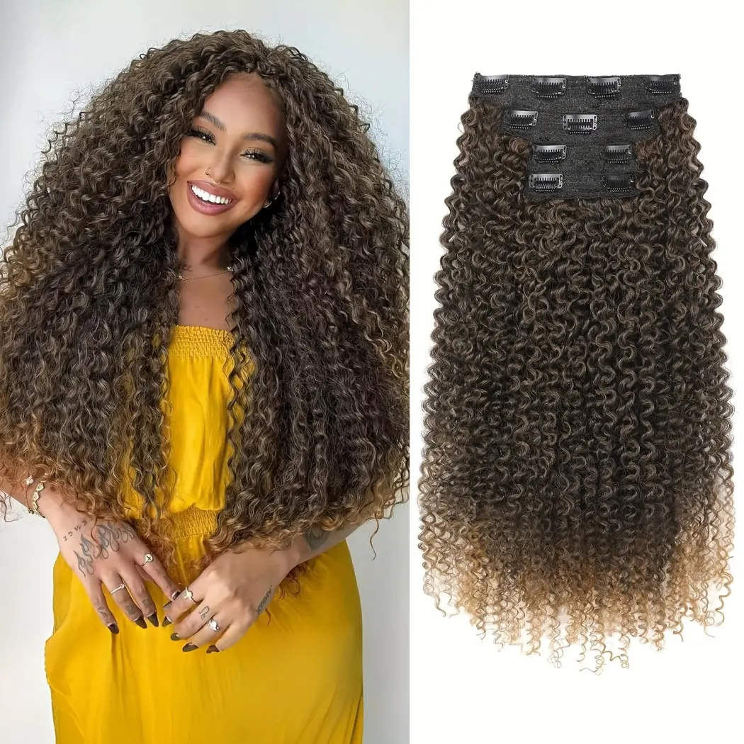 Curly Hair Extensions - 4PCS for Women Clip in 20 Inch Gradient Long Soft Synthetic Natural Looking Hairpiece for Women Daily Party Wear(Black/Brown/Red/Highlight)