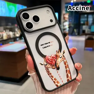 Magnetic Phone Case for iPhone 17 Pro Max 16 Plus 15 14 13 12 11 Air E Loving Giraffes Pattern Acrylic Back TPU Edges Shockproof Ultra Thin Mobile Phone Cover Gift
