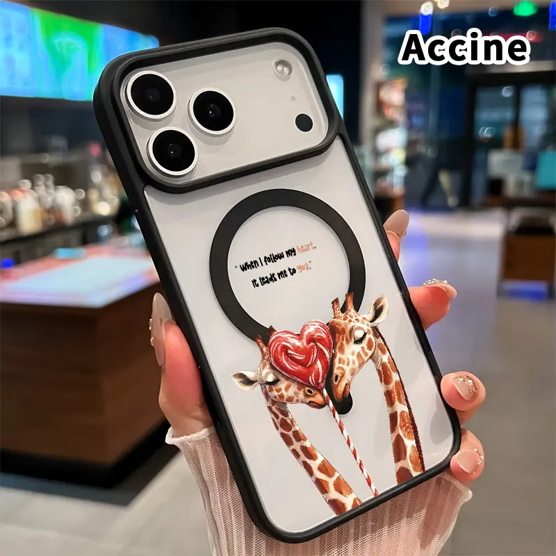Magnetic Phone Case for iPhone 17 Pro Max 16 Plus 15 14 13 12 11 Air E Loving Giraffes Pattern Acrylic Back TPU Edges Shockproof Ultra Thin Mobile Phone Cover Gift