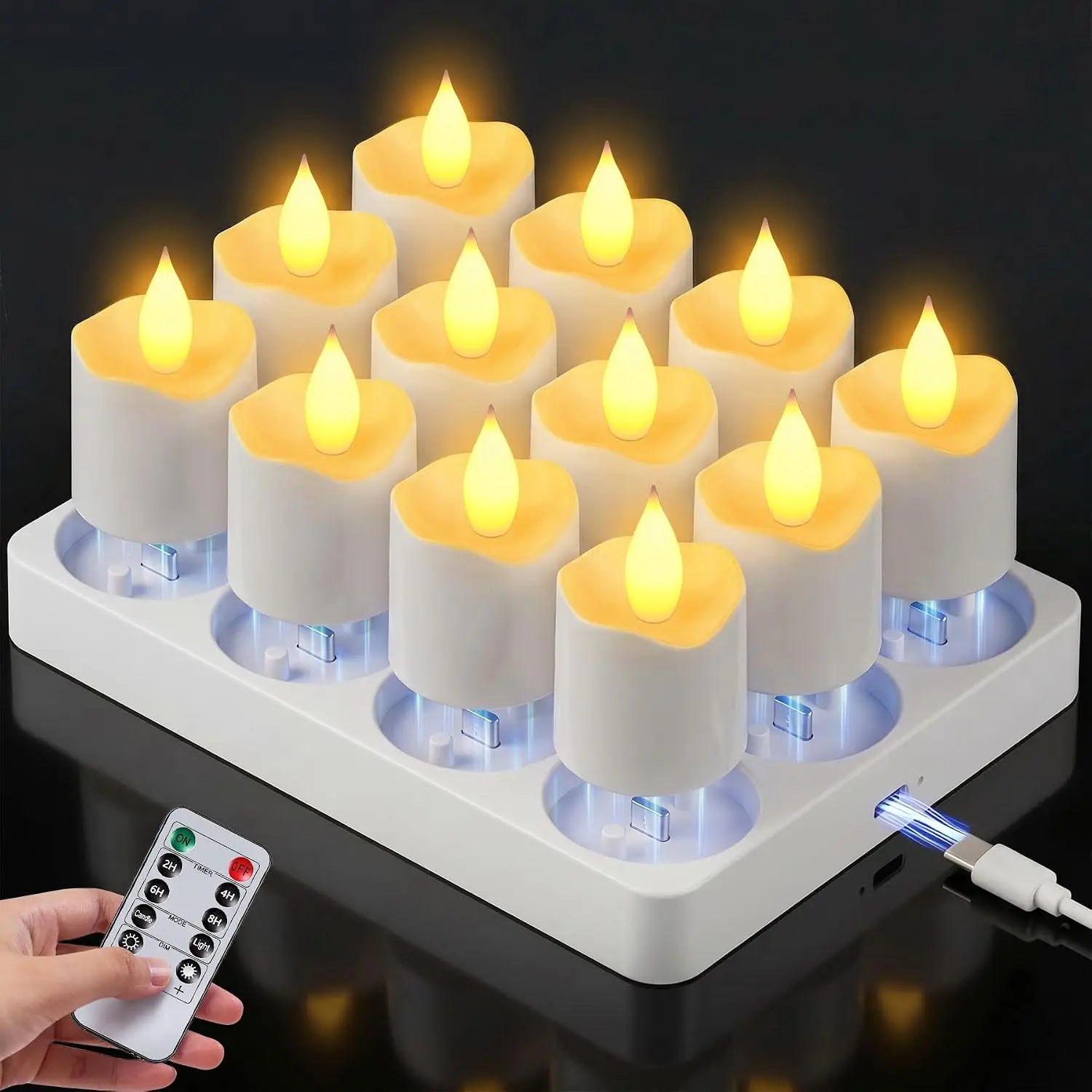 MATULSA Rechargeable LED Tea Lights Candles with Remote, Timer & Charging Base Flameless Candles, Realistic and Bright Flickering for Holiday Celebration,Party, Home Decoration