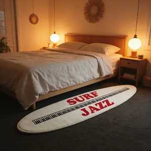 Vintage Surfboard Rug, Jazz Elements, Unique Surfboard Mat, Retro Piano Key Art, Scheme, Long Decorative Carpet for Bedroom