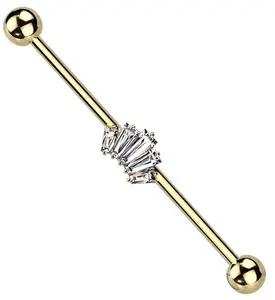 Gold PVD Vane Clear CZ Industrial Barbell