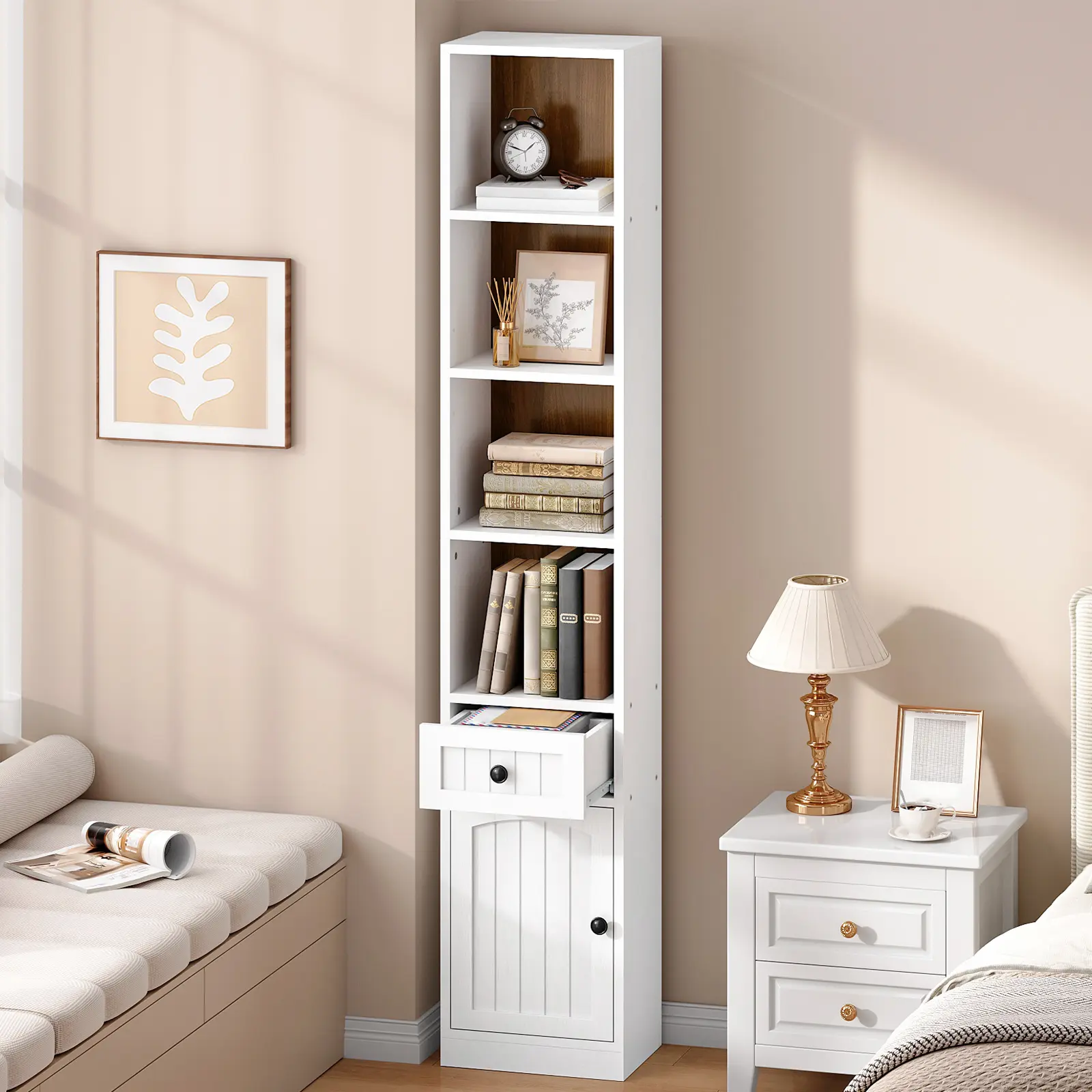 HOOBRO Sturdy 70.9" Tall 9.4" Wide Narrow Indoor Bookcase - 17.6 lb Per Shelf, Adjustable Shelves, Storage Cabinets, Quick Setup, Wall Anchored, Assembly Required, Ideal for Living Room, Office, White & Walnut, Small Room Ideas
