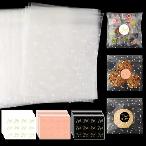 416PCS Self Adhesive Candy Cookie Bags Set, 200 Matte Semi Transparent White Polka Dot Cellophane Treat Bags with 216 Thank You Stickers for Bakery Biscuit Chocolate Snacks Dessert(5.5X5.5 Inches) Motroce