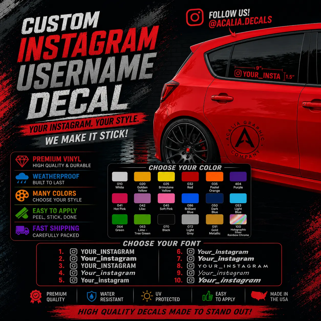 2x Personalized Instagram Sticker Vinyl Decal Customizable IG Username JDM Design for Car Windows Vehicle Exterior Decoration Waterproof Oracal Vinyl 1.5" x 9"