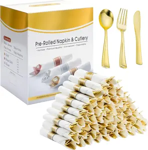 50 Pack Pre Rolled  Plastic Silverware Set with Napkins,Disposable Wrapped Heavy Duty Cutlery Set for Wedding Birthday Party-50 Forks,,Spoons,Napkins,Utensils Set,Plasticware Bulk