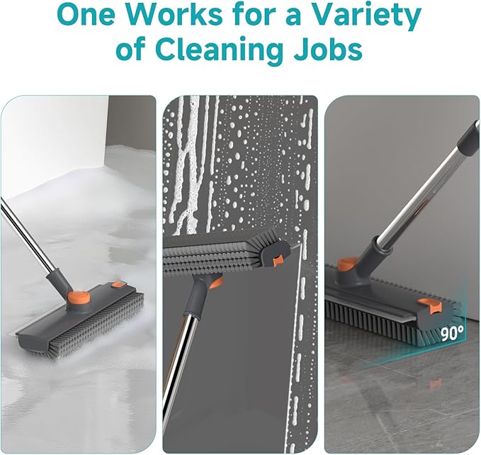 Floor scrub brush with long handle, cleaning brush, 3-in-1 scraper and heavy-duty stiff bristle scrubber brush for cleaning shower, bathroom, patio, garage, kitchen, wall, and deck